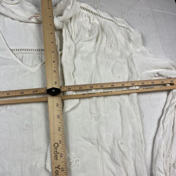 Free People Tie Neck Blouse Ivory V-Neck Embroidered Loose Fit Shirt SMALL FLAW - Picture 7 of 11